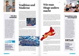 Das Layout zeigt eine Mischung aus traditioneller Handwerkskunst und modernen Technologien, die die Entwicklung des Unternehmens verdeutlicht.